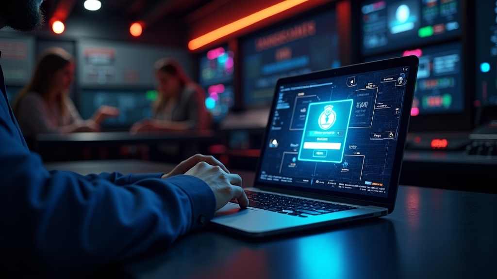 Ciemny ekran logowania na laptopie w klimacie kasyna z neonowym podświetleniem